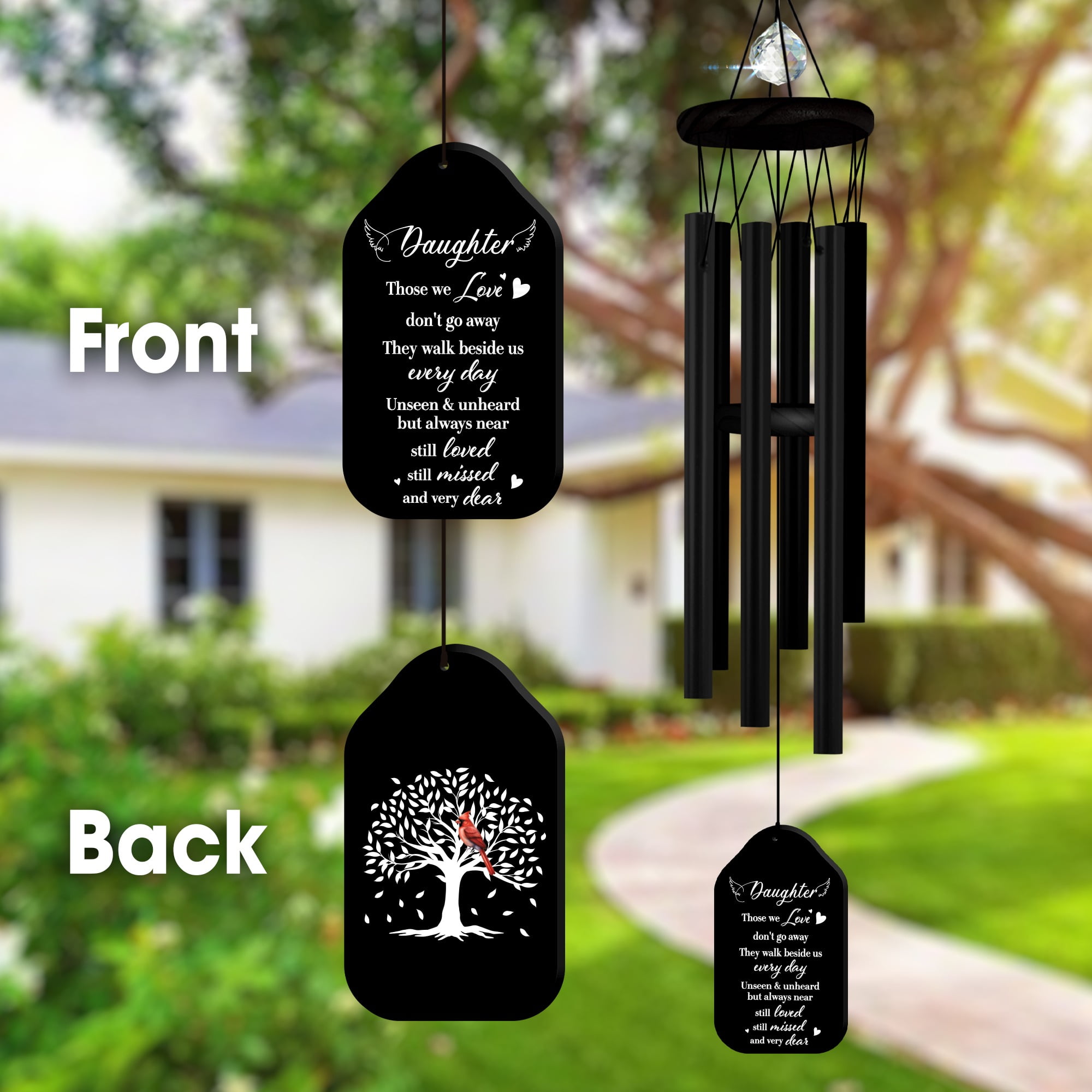 Memorial Wind Chimes Personalized for Daughter, Black Outdoor Sympathy Wind Chime with Crystal Accent, Double-Sided Engraved Design, Cardinal Tree Pattern, Includes Poem Card, Sunflower Card Gift Box