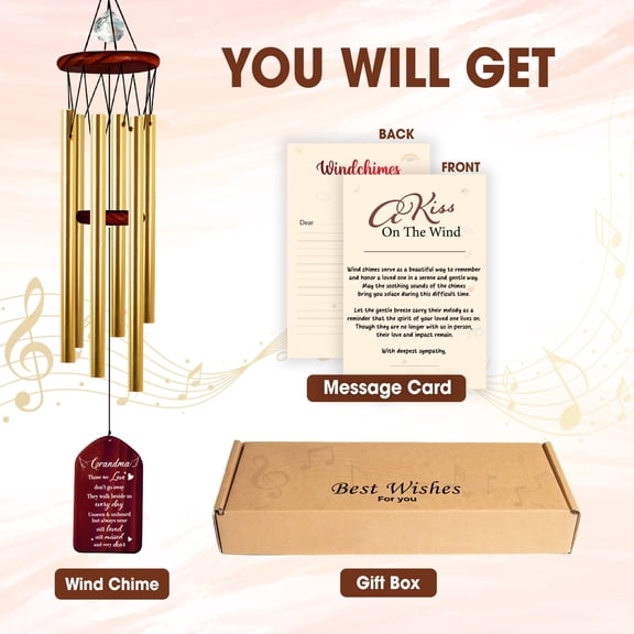 Memorial Wind Chimes Personalized for Grandma, Walnut Sympathy Wind Chime with Crystal Pendant, Double-Sided Engraved Cardinal Tree Design, Bereavement Gift Includes Poem Card, Sunflower Card