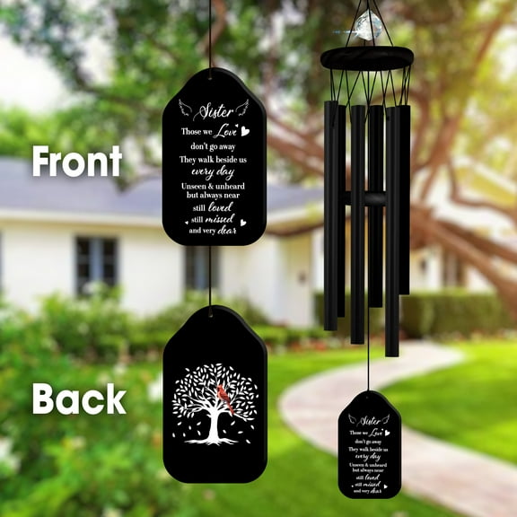 Memorial Wind Chimes Personalized for Sister, Black Outdoor Sympathy Wind Chime with Crystal Pendant, Double-Sided Cardinal Tree Design, Bereavement Gift Includes Poem Card, Sunflower Card