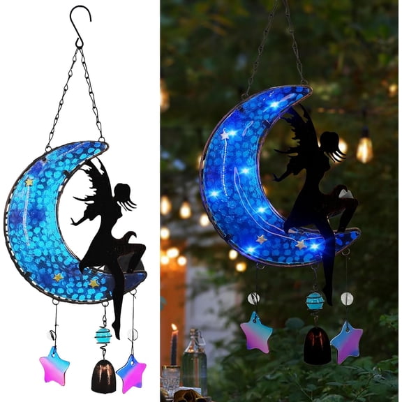 Memorial Wind Chimes Solar Hanging Glass Moon Lights Metal Fairy Angel Outdoor Wind Chimes for Mom Loved One Gifts