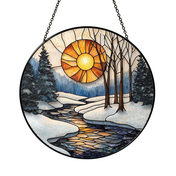 Memorial Winter Stained Glass Suncatcher, Snowy Window Hanging Light Catcher for Peaceful Home Decor