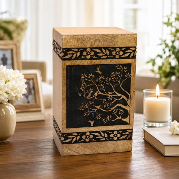 Memorial Wooden Cremation Urn Box Your Wings Were Ready Floral & Feather Keepsake Memorial