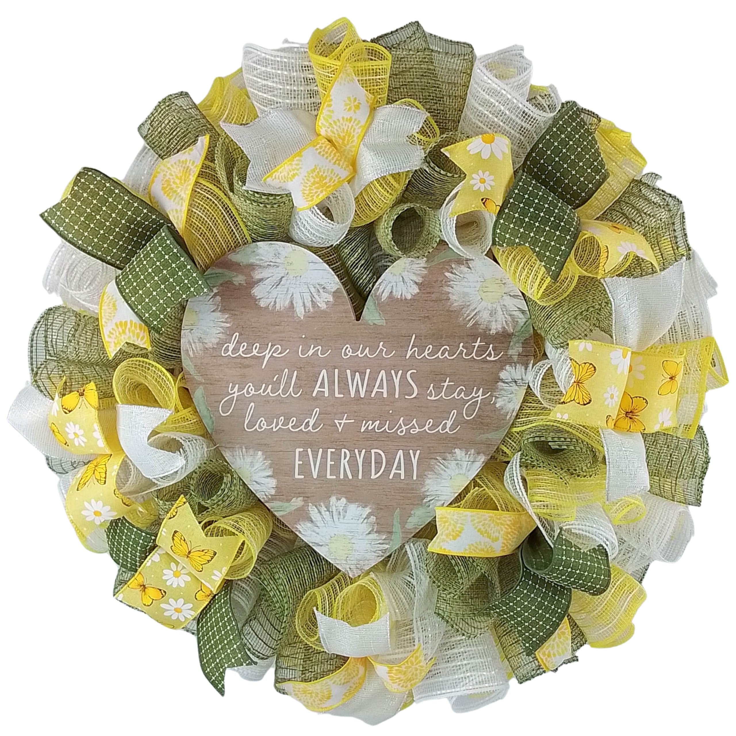 Memorial Wreath Door Hanger, Heart-Shaped Wooden Sign, Yellow Green ...