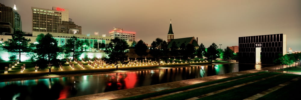 Memorial lit up at dusk Oklahoma City National Memorial Alfred P Murrah Federal Building Oklahoma City Oklahoma USA Canvas Art - Panoramic Images (6 x 18)
