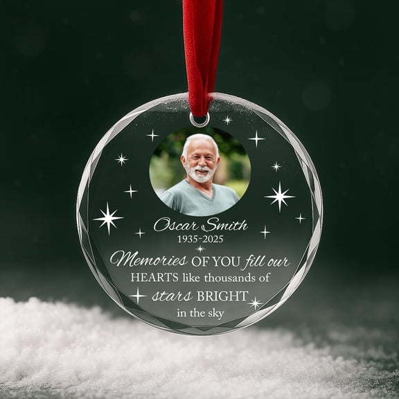 Memories “Bright Like Stars” Photo Memorial Glass Ornament – Personalized Sympathy Keepsake