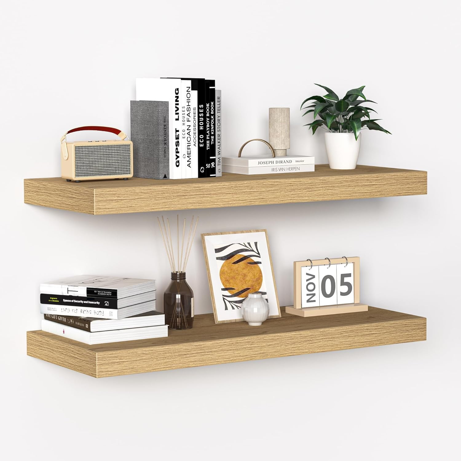 Memories Floating Shelves - 24 Inch Rustic Wooden Wall Shelves - Extra Deeper & Thicker Wall Mounted Storage Shelf for Living Room, Kitchen, Farmhouse - 24" x 9" x 1.6" 2Pack, Oak
