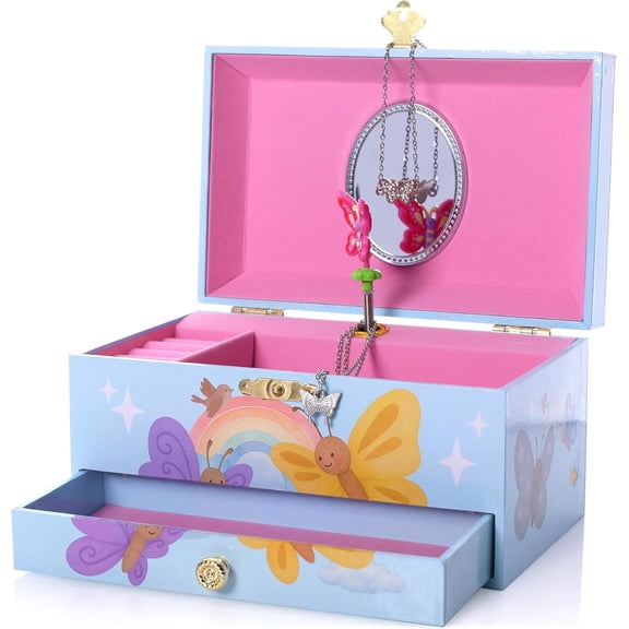 The Memory Building Co Butterfly Musical Box Plays Classic Melody, Storage Organizer Music Box for Kids Ages 6-12, MDF Wood w/ 2 Fabric Lined Ring Bracelet Treasure Compartments