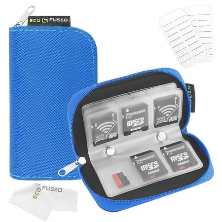 Memory Card Carrying Case - Suitable for SDHC and SD Cards - 8 Pages and 22 Slots - ECO-FUSED Microfiber Cleaning Cloth Included