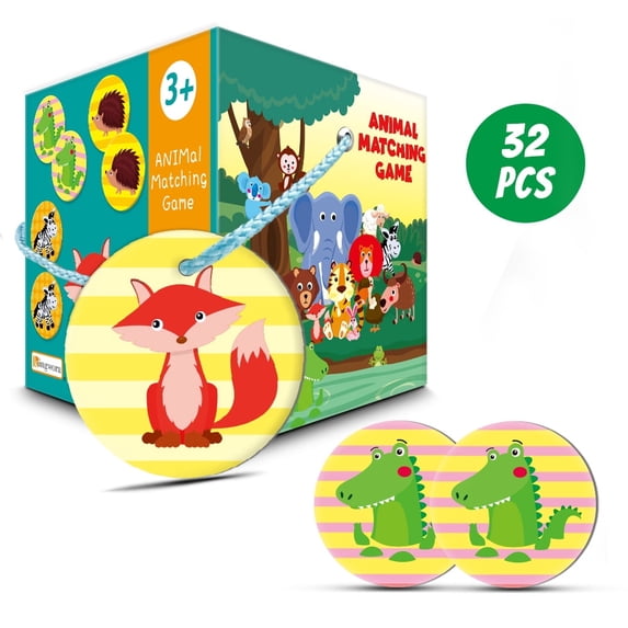 Kingwora Green Memory Card Game for kids 3 years, 16 pairs animal matching game for toddlers