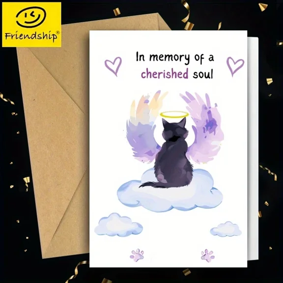 In Memory of a Cherished Soul Cat Sympathy Card Angelic Cat Design with Wings Blank Inside, Envelope Included Perfect Comfort Gift for Pet Loss Grief
