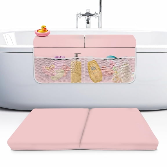 Memory Foam Bath Kneeler and Elbow Rest Pad Set, 2-Inch Thick, Water-Resistant Mat Baby Bath Time Essentials Cushion and Bath Kneeling Pad for Bathing Baby with Bathtub Toy Organizer (Pink)