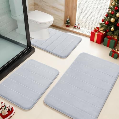 Memory Foam Bath Mat Set 3 Pieces- Super Soft Absorbent Quick Dry Bathroom Rug Sets, Machine Washable Non Slip Floor Carpet for Tub Shower, Vanity & Toilet Base, Silver