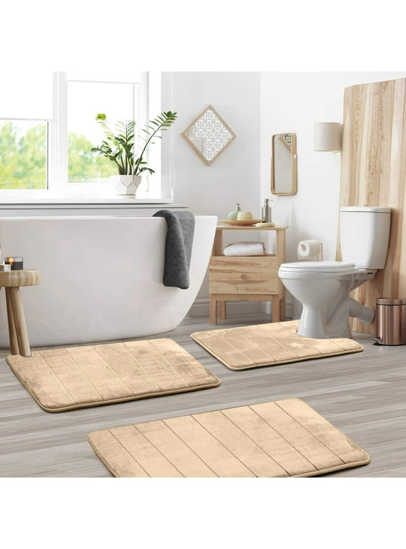 Memory Foam Bath Mat Set, Bathroom Rugs for 3 Pieces, Toilet Mats, Soft Comfortable, Water Absorption, Non-Slip, Thick, Machine Washable, Easier to Dry for Floor Mats