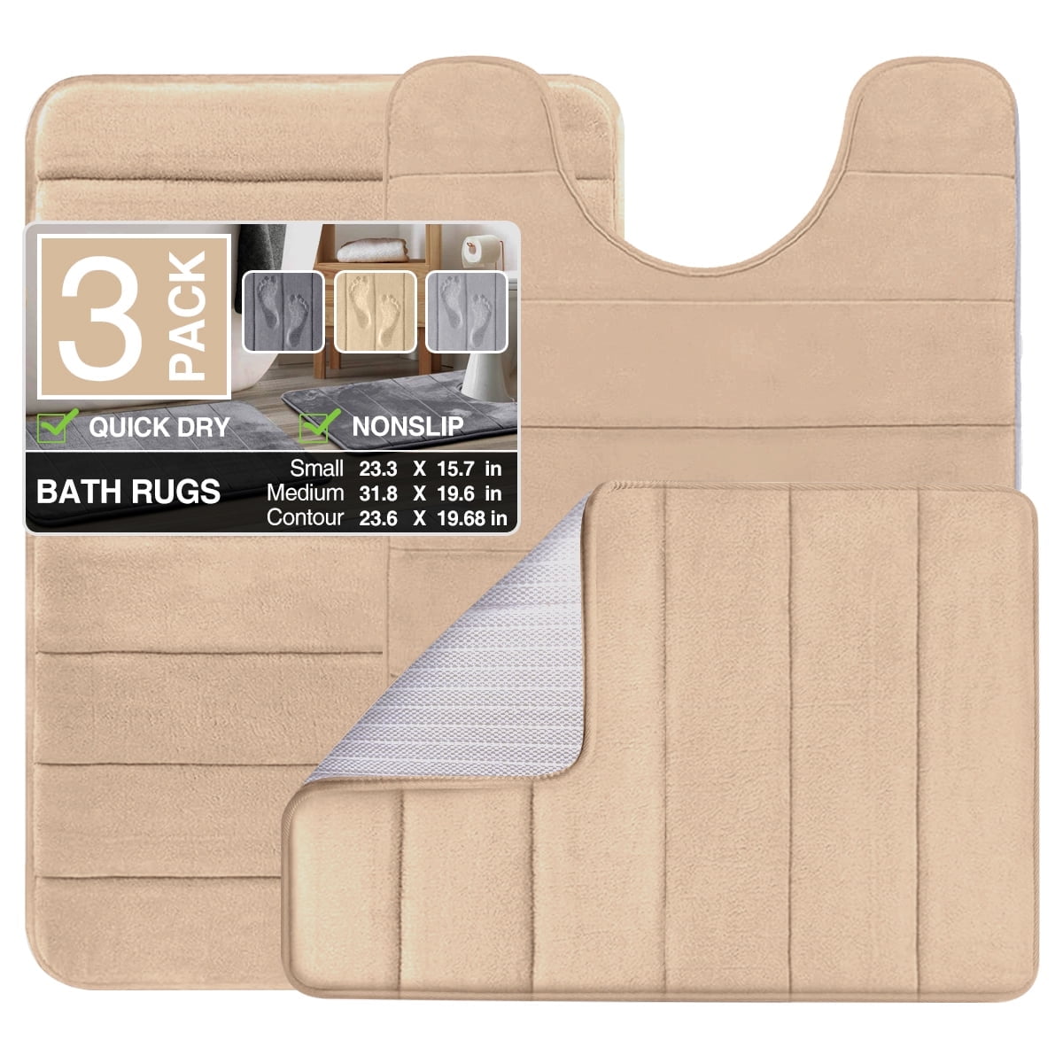 Set 3 Piece Memory Foam Bathroom Rug Grey Non-Slip Extra Absorbent Toilet  Bath Foot Mats Sets Soft & Dry Home Washable Carpets