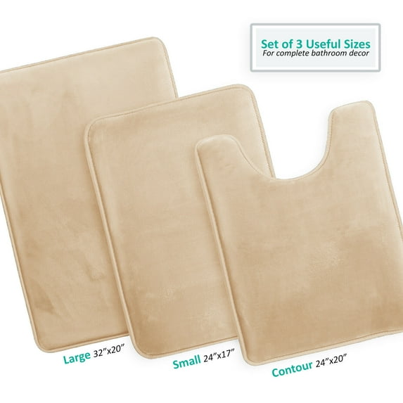Memory Foam Bath Mat Set, Extra Soft 3 Piece Bathroom Rugs Non Slip and Absorbent Mats, Rug for Tub Shower & Bath Room, Beige