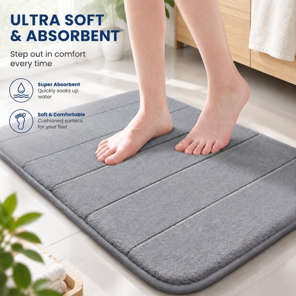 Memory Foam Bath Mat, Super Soft Absorbent Non Slip Bathroom Rug, Quick Dry, Machine Washable Floor Carpet for Tub Shower, Grey, 24x17