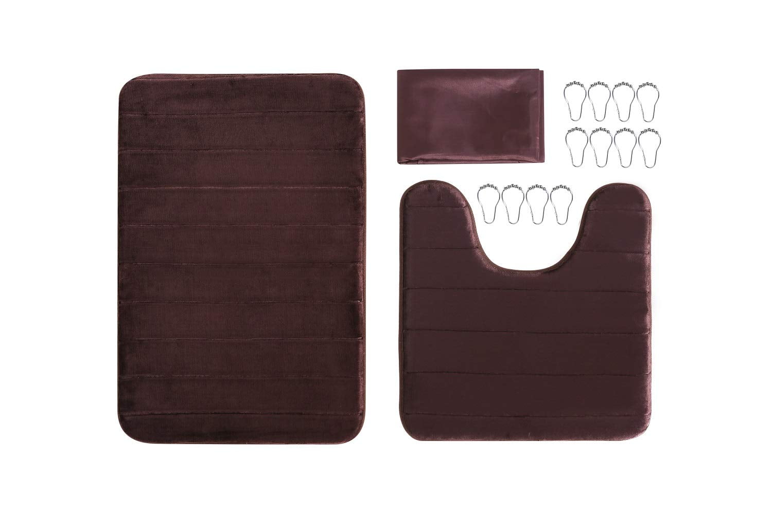 Memory Foam Bath Rug Set Solid Color Stripe Design Bathroom and Contour mat with Matching Shower Curtain and Metal Rings Choose from Burgundy/Navy/Purple/Brown (Brown)