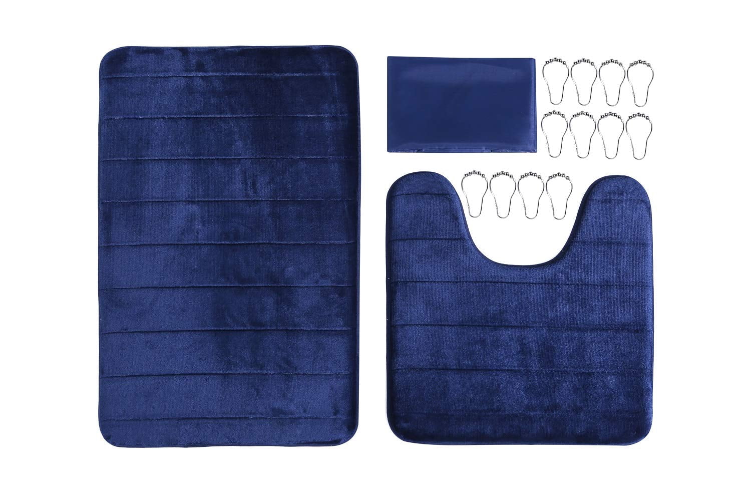 Memory Foam Bath Rug Set Solid Color Stripe Design Bathroom and Contour mat with Matching Shower Curtain and Metal Rings Choose from Burgundy/Navy/Purple/Brown (Navy)