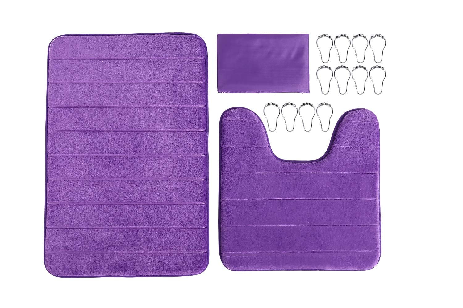 Memory Foam Bath Rug Set Solid Color Stripe Design Bathroom and Contour mat with Matching Shower Curtain and Metal Rings Choose from Burgundy/Navy/Purple/Brown (Purple)