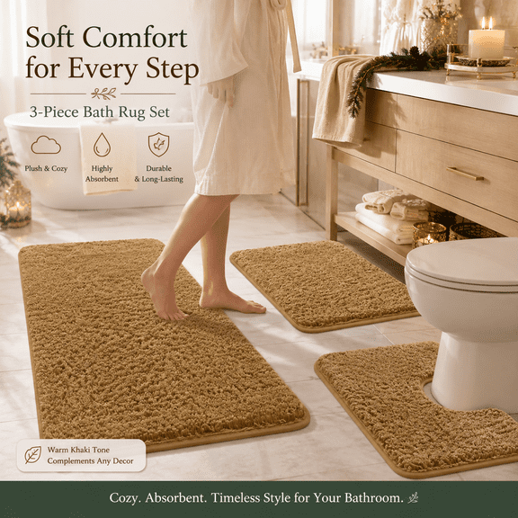 Memory Foam Bathroom Rug Set, Khaki 3-Piece Memory Foam Bathroom Rug Set, Soft Non-Slip Absorbent Mat, Bathroom Laundry Room Decor, Neutral Color for Various Home Styles