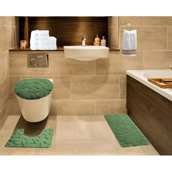 HUNTER 3-Piece Rock Memory Foam Bathroom Mat Set, Flannel Embossed Rug 19"x 30", Contour Mat 19"x19", and Toilet Lid Cover 19"x19" with Non-Skid Rubber Back