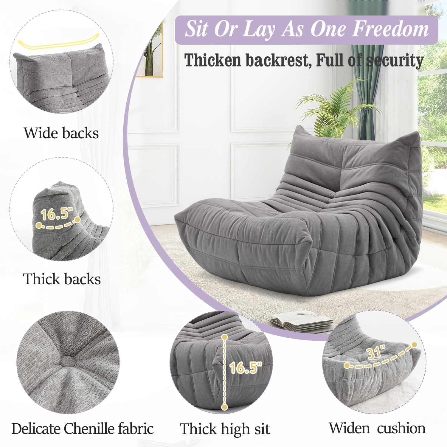Memory Foam Bean Bag Chair with Free Round Carpet, Large Cozy Fireside Sofa for Adults, Knitted Fabric Ergonomic Lounge Chair for Living Room,  Movie Nights and Office