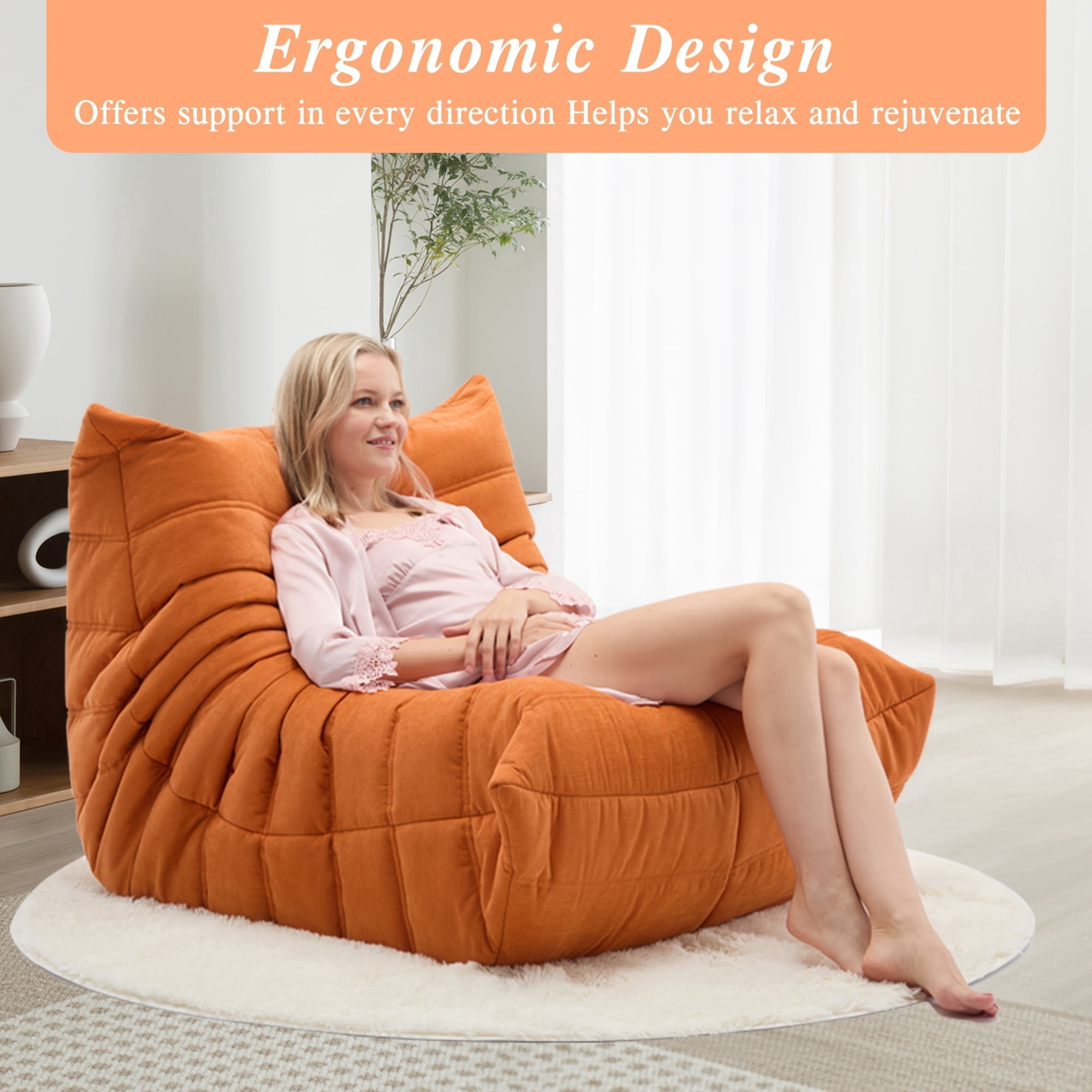 Memory Foam Bean Bag Chair with Free Round Carpet, Large Cozy Fireside Sofa for Adults, Knitted Fabric Ergonomic Lounge Chair for Living Room,  Movie Nights and Office