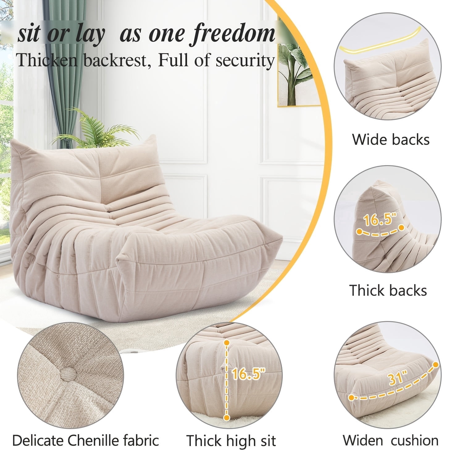 Memory Foam Bean Bag Chair with Free Round Carpet, Large Cozy Fireside Sofa for Adults, Knitted Fabric Ergonomic Lounge Chair for Living Room,  Movie Nights and Office
