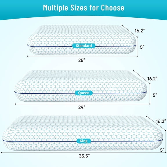 Memory Foam Bed Pillows Set of 2, Blue Standard Size with Washable Cover for Side Back Stomach Sleepers