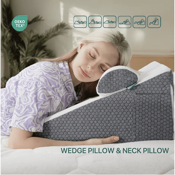 Memory Foam Bed Wedge Pillow Set of 2 - Adjustable Triangle Pillow for Back, Neck & Knee Support, Includes Removable Washable Cover