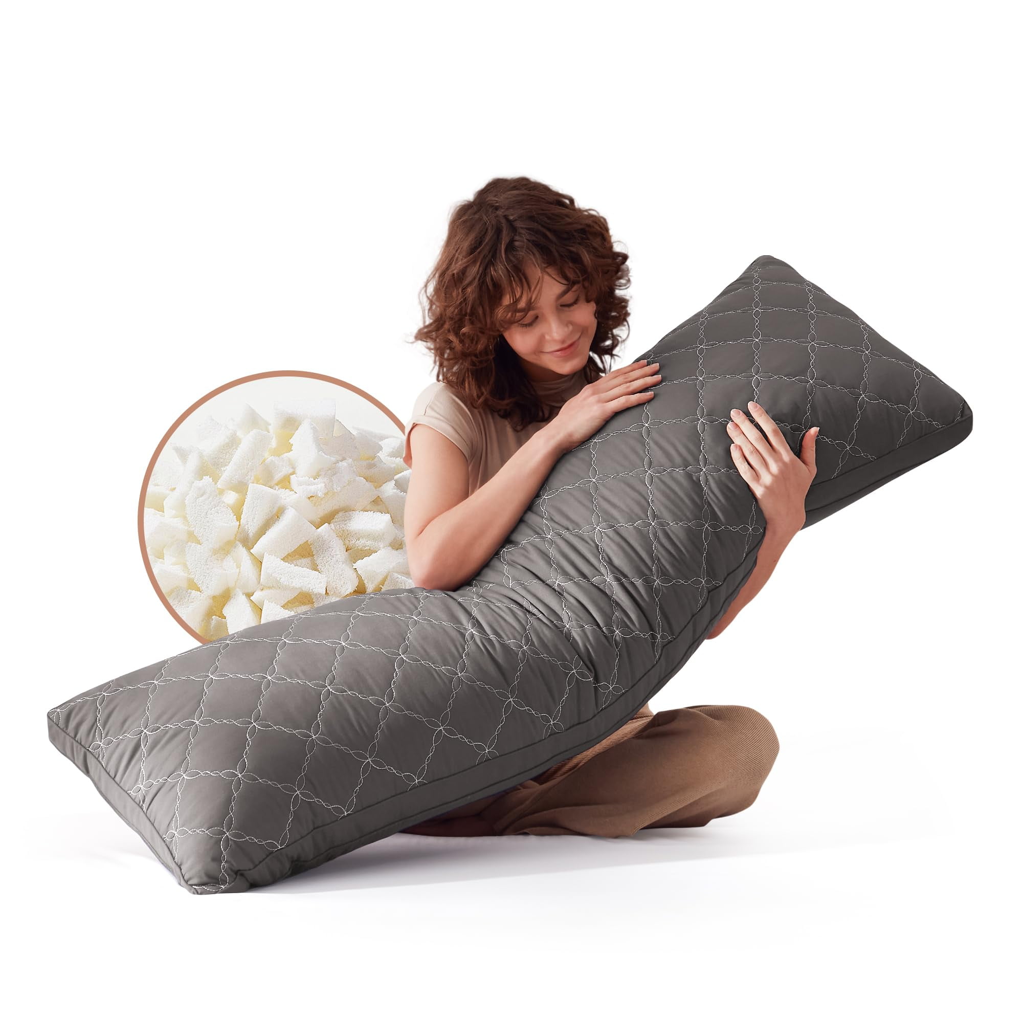 Memory Foam Body Pillow for Adults, Ultra-Soft Full Body Support Pillow with Quilted Cover, Side Sleeper Comfort, Machine Washable, 20x54 Inch, Dark Gray
