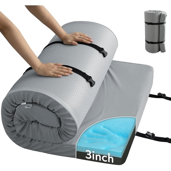 Memory Foam Camping Cot Mattress Pad, 3 Inch Thick Sleeping Pad with Waterproof Cover, Portable Roll up Cot Mattress Pad Mat for Travel Truck Bed Tent, Non-Slip Bottom, 72"24"3", Gray