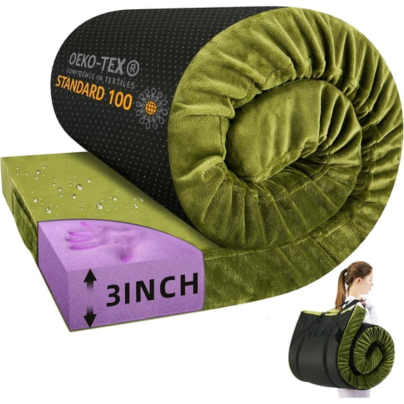 Memory Foam Camping Mattress Pad 3 Inch Cot Size Waterproof Portable Sleeping Mat