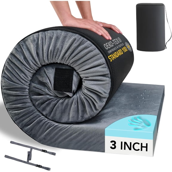 Memory Foam Camping Mattress Pad 3 Inch Roll Up Cot Size Grey