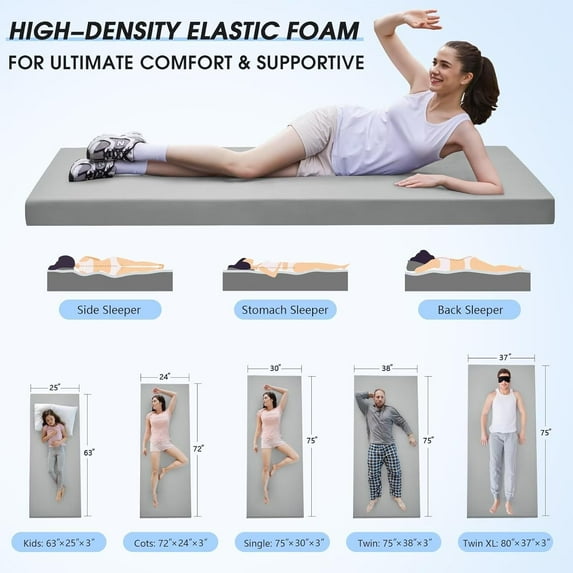 Memory Foam Camping Mattress Pad, 3inch Sleeping Pad for Camping, Non-Slip Bottom Floor Cot Car Mattress Bed with Retaining Portable Roll up Mattress Pad Mat for Travel Truck Guest Bed Tent