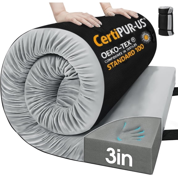 Memory Foam Camping Mattress Pad,3inch Sleeping Pad for Camping,Non-Slip Bottom Floor Cot Car Mattress Bed with Retaining Portable Roll up Mattress Pad Mat for Travel Truck Guest Bed Tent