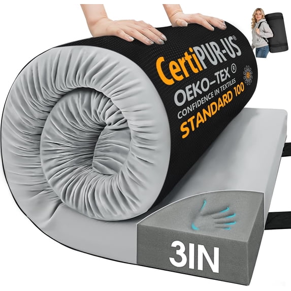 Memory Foam Camping Mattress Pad,3inch Sleeping Pad for Camping,Non-Slip Bottom Floor Cot Car Mattress Bed with Retaining Portable Roll up Mattress Pad Mat for Travel Truck Guest Bed Tent