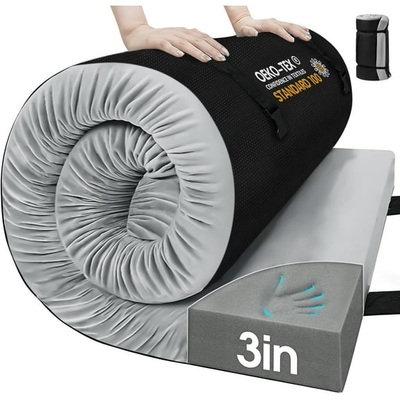 Memory Foam Camping Mattress Pad,3inch Sleeping Pad for Camping,Non-Slip Bottom Floor Cot Mattress Bed with Retaining Portable Roll up Mattress Pad Mat for Travel Truck Guest Bed Tent