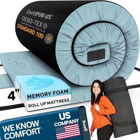 Memory Foam Camping Mattress Pad - CertiPUR-US Roll Up Mattress for Adults - Portable Foam Sleeping Mats for Camping - Camp Cot Sleeping Pad - Floor Sleep Mat Bed Roll for Car RV