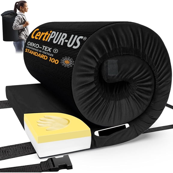 Memory Foam Camping Mattress Pad Portable Roll Up Sleeping Mat for Kids 63x26x3 Inches Black