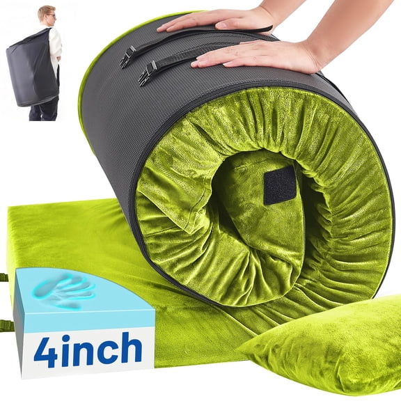 Memory Foam Camping Mattress Pad Withow - Extra Thick 4 Inch Sleeping For Waterproof Roll Up Topper Bed Mat Car Truck Tent Rv Storbag