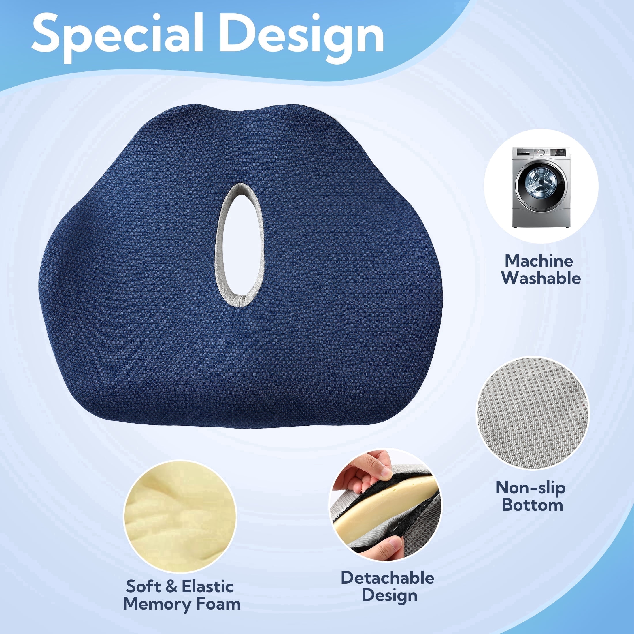 SUNNY HEAT Orthopedic Memory Foam Seat Cushion 18x14x3 Non Slip Pressure Relief Pad Relieves Coccyx Sciatica Pain for Office Car Wheelchair
