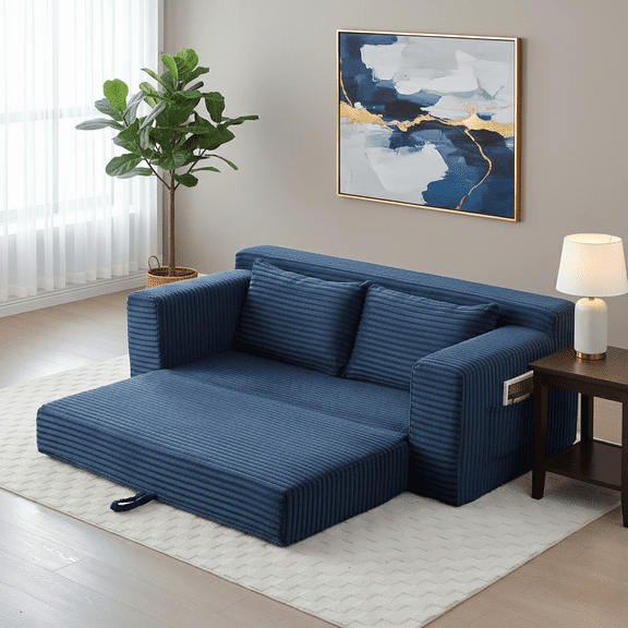 Howcool 73” Convertible Sofa Bed, Folding Couch with Pillows, Pull Out Loveseat Sleeper Sofa, 2-in-1 Corduroy Loveseat, Storage Pocket, No-Assembly Boneless Compression Sofa,Blue