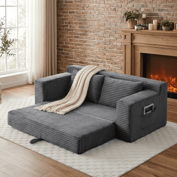 Howcool 73” Convertible Sofa Bed, Folding Couch with Pillows, Pull Out Loveseat Sleeper Sofa, 2-in-1 Corduroy Loveseat, Storage Pocket, No-Assembly Boneless Compression Sofa,Grey