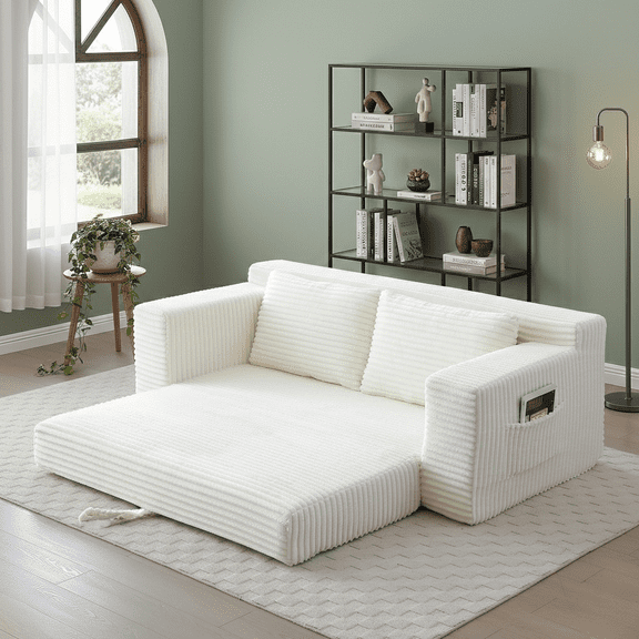 Howcool 73” Convertible Sofa Bed, Folding Couch with Pillows, Pull Out Loveseat Sleeper Sofa, 2-in-1 Corduroy Loveseat, Storage Pocket, No-Assembly Boneless Compression Sofa,Beige