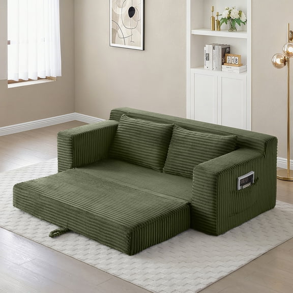 Memory Foam Cloud Loveseat Sofa, 2 in 1 Convertible Folding Couch Bed with Pull-Out Sleeper, No Assembly Compressed Corduroy Floor Lounge Sofa for Apartment, Office, Bedroom, Living Room, Green