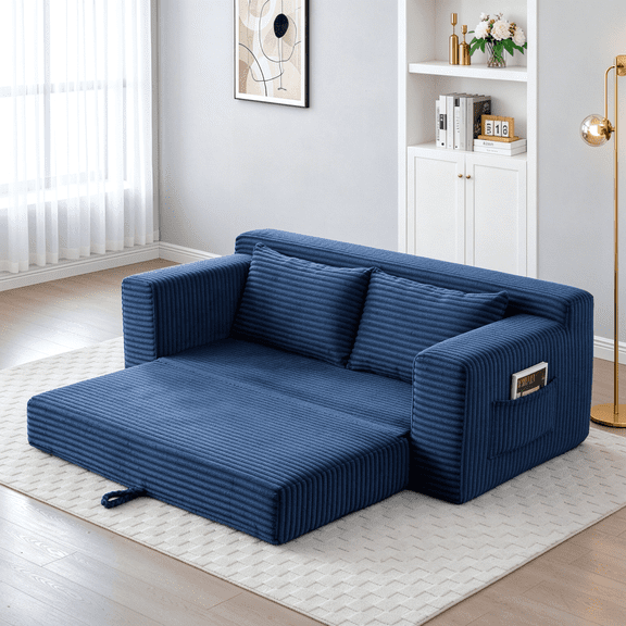 Memory Foam Cloud Loveseat Sofa, 2-in-1 Convertible Folding Couch Bed with Pull-Out Sleeper, No Assembly Corduroy Floor Lounge Sofa for Apartment Office Living Room, Blue