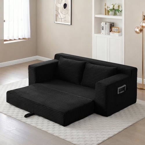 Memory Foam Cloud Loveseat Sofa, 2-in-1 Convertible Folding Couch Bed with Pull-Out Sleeper, No Assembly Corduroy Floor Lounge Sofa for Apartment Office Living Room, Black