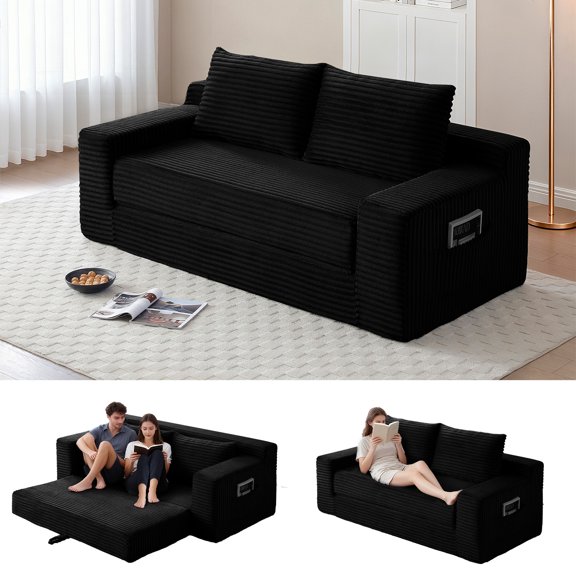 Memory Foam Cloud Sofa Bed 2-in-1 Couches No Assembly Corduroy Small Space Apartment Living Room,Black