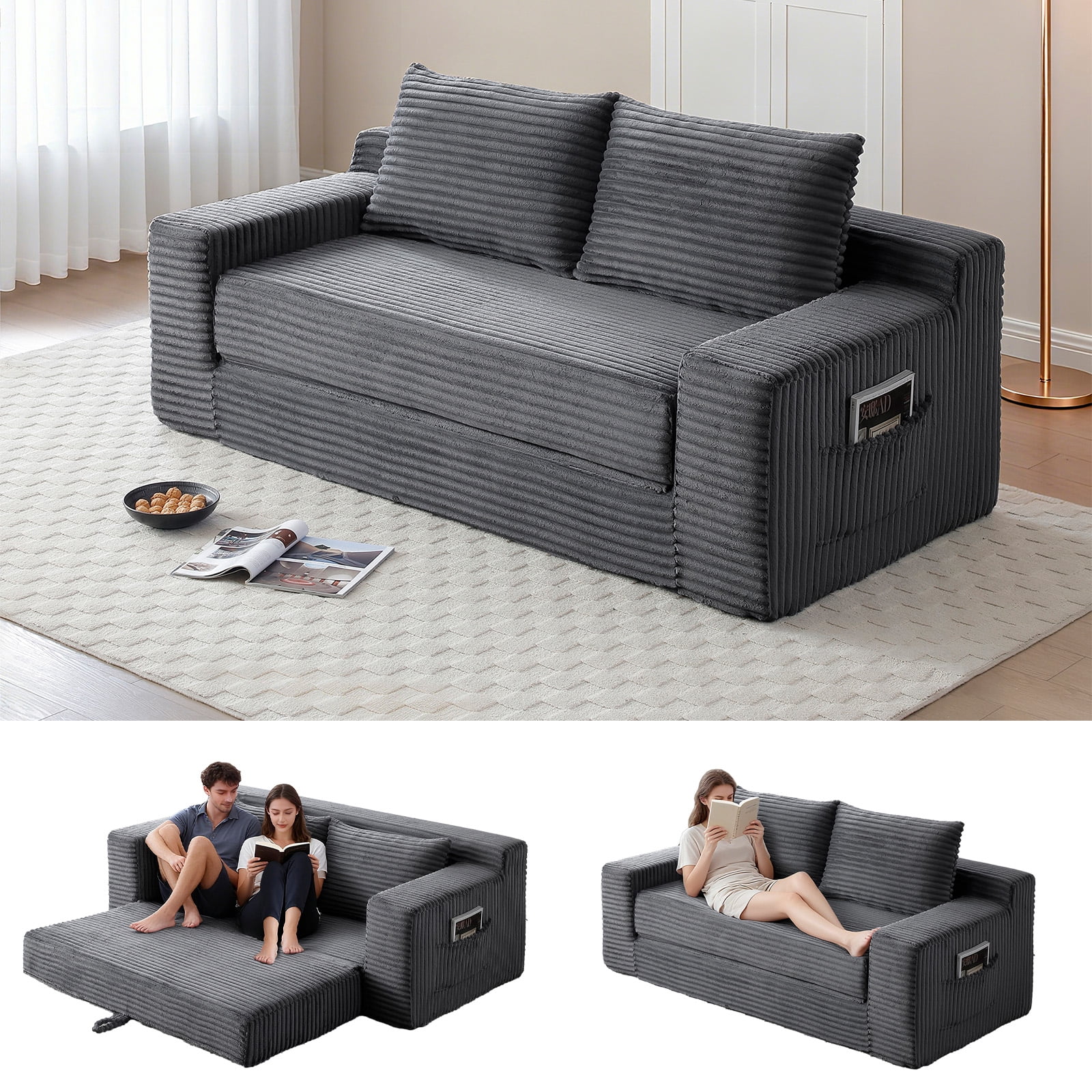 Memory Foam Cloud Sofa Bed 2-in-1 Couches No Assembly Corduroy Small Space Apartment Living Room,Grey